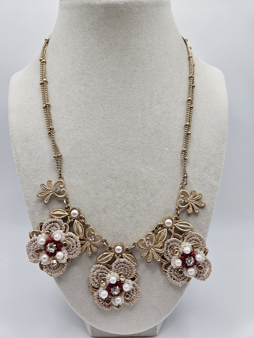 VINTAGE Gold Tone Crochet Flower Faux Pearl Rhinestone Link Necklace